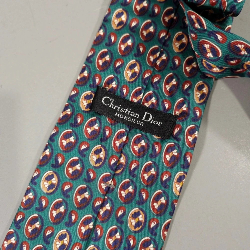 Christian Dior Tie Mens OS Teal Geometric Paisley Medallion Silk Vintage USA